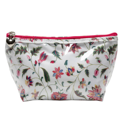 Floral patterned pouch with a pink zipper on a white background