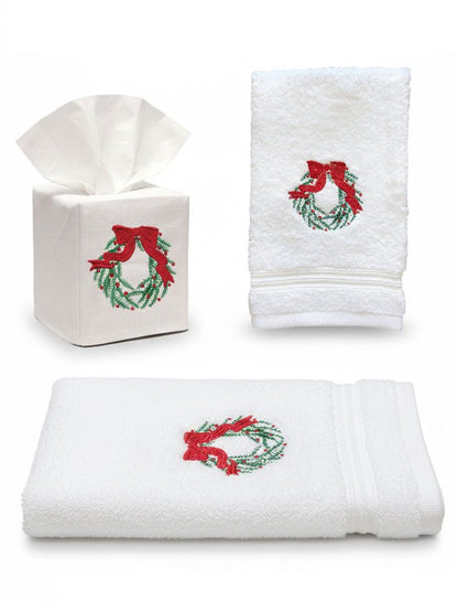 Christmas Wreath Bundle – 2 Towels and 1 Tissue Box Cover