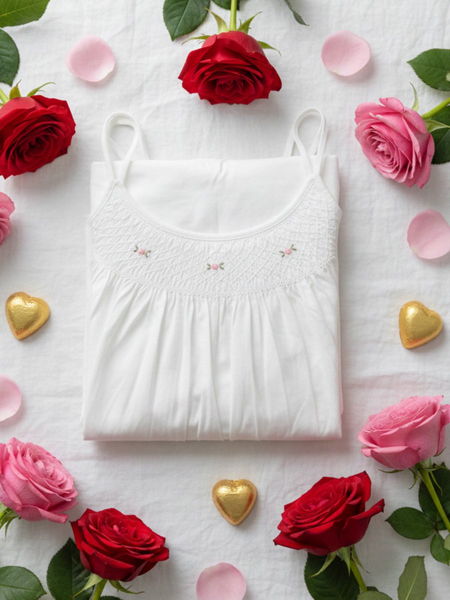 White tank top with floral patterns on a white background with red and pink roses and gold hearts.