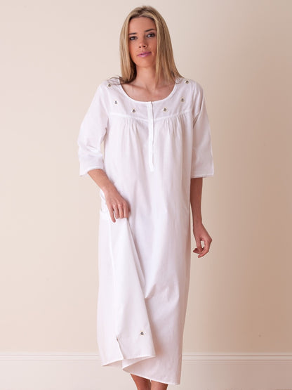 Bee White Cotton Nightgown, Embroidered (Bee - Gold/Navy)