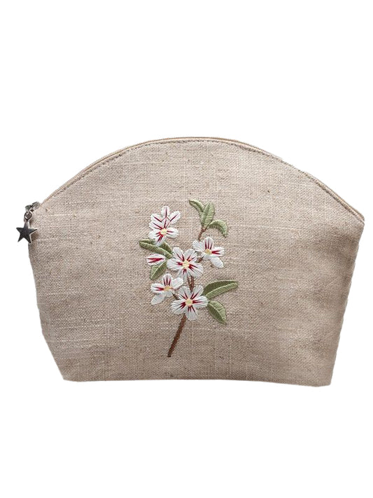 Cosmetic Bag, Natural Linen (Medium), Apple Blossom (White)
