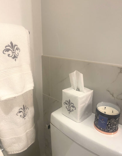 Bath Towel, White Cotton Terry, Fleur de France (Pewter)