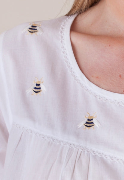Bee White Cotton Nightgown, Embroidered (Bee - Gold/Navy)