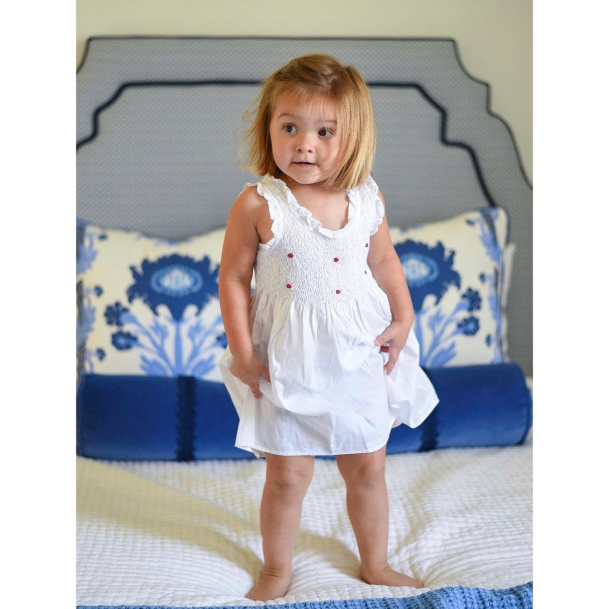 Noa White Cotton Dress, Smocked with Hand Embroidery