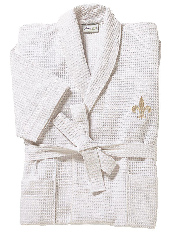 Bathrobe - White Waffle Weave, Embroidered (Fleur de Lis, Beige)