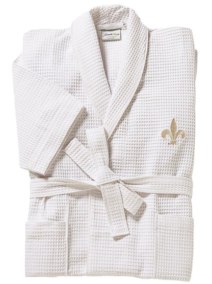 Bathrobe - White Waffle Weave, Embroidered (Fleur de Lis, Beige)