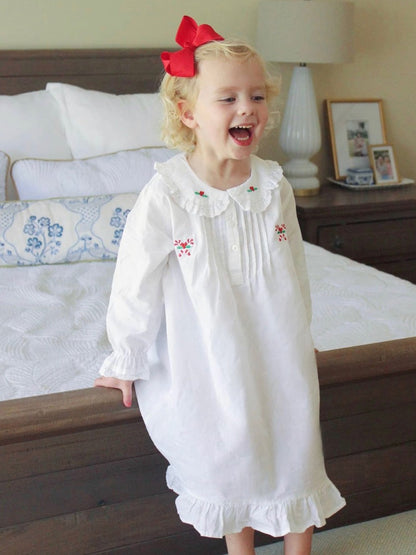 Candy Cane White Cotton Dress, Embroidered