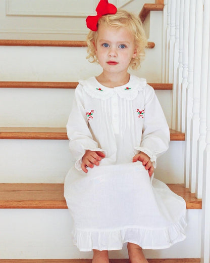 Candy Cane White Cotton Dress, Embroidered