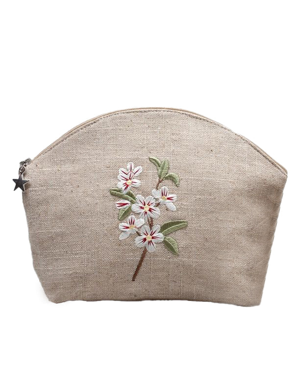 Cosmetic Bag, Natural Linen (Medium), Apple Blossom (White)