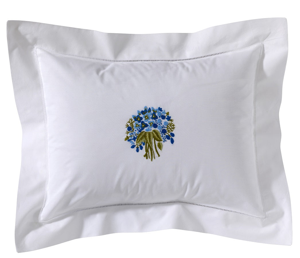 Boudoir Pillow Cover, Embroidered with Hem Stitch - Floral Bouquet (Blue)