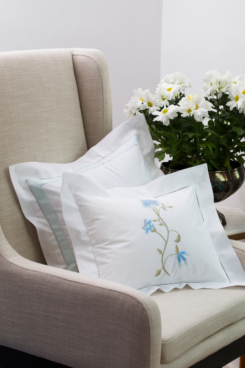 Boudoir Pillow Cover, Embroidered with Hem Stitch - Floral Vine (Blue, Sage)