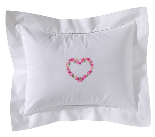 Boudoir Pillow Cover, Embroidered with Hem Stitch Border - Rosebuds Heart (Pink)
