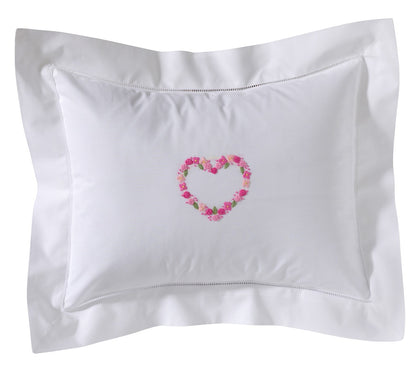 Boudoir Pillow Cover, Embroidered with Hem Stitch Border - Rosebuds Heart (Pink)