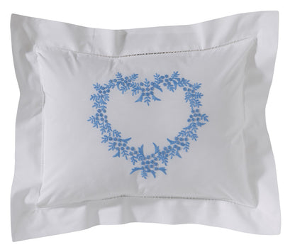 Boudoir Pillow Cover, Embroidered with Hem Stitch Border - Heart (Wedgewood Blue)