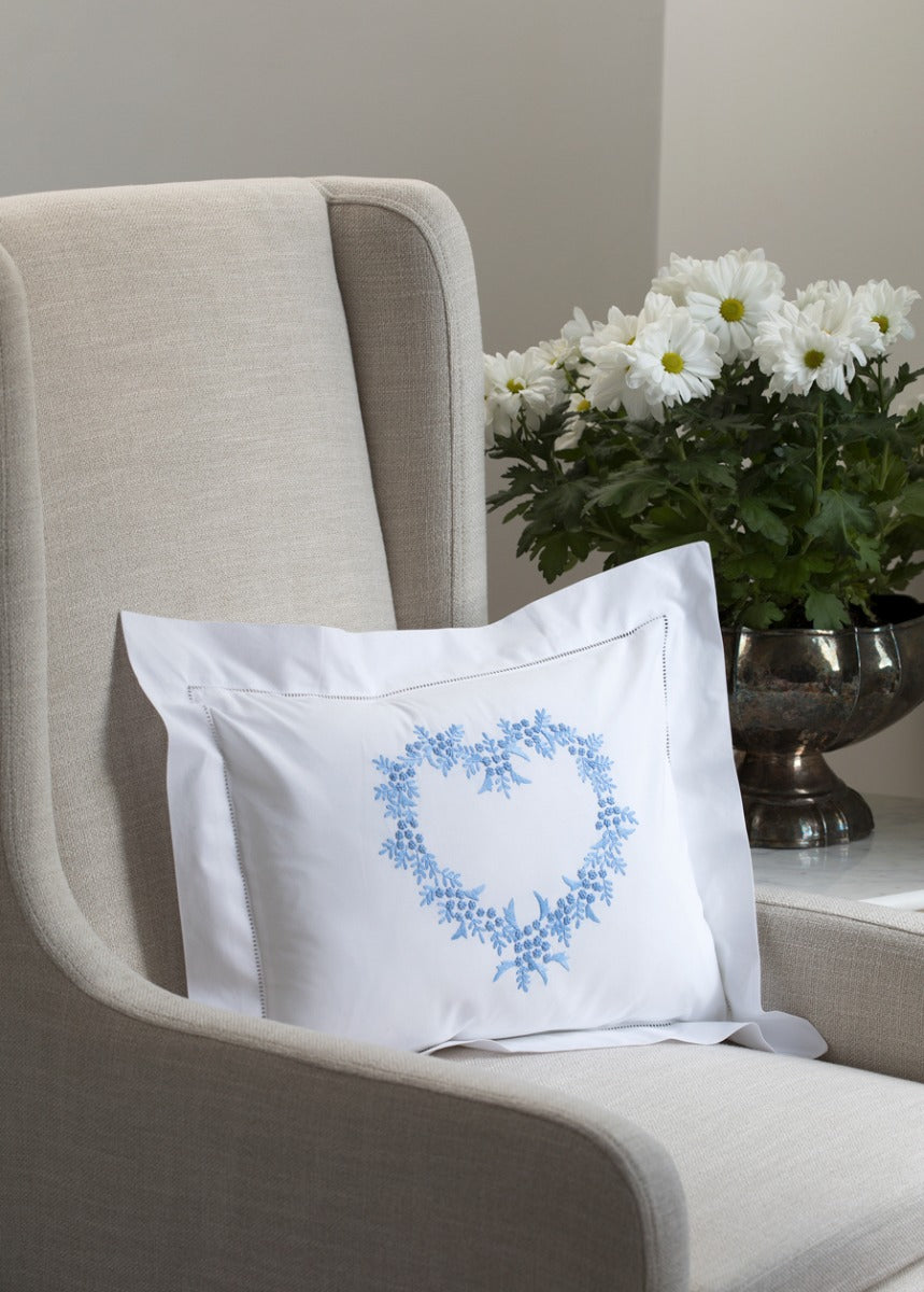 Boudoir Pillow Cover, Embroidered with Hem Stitch Border - Heart (Wedgewood Blue)