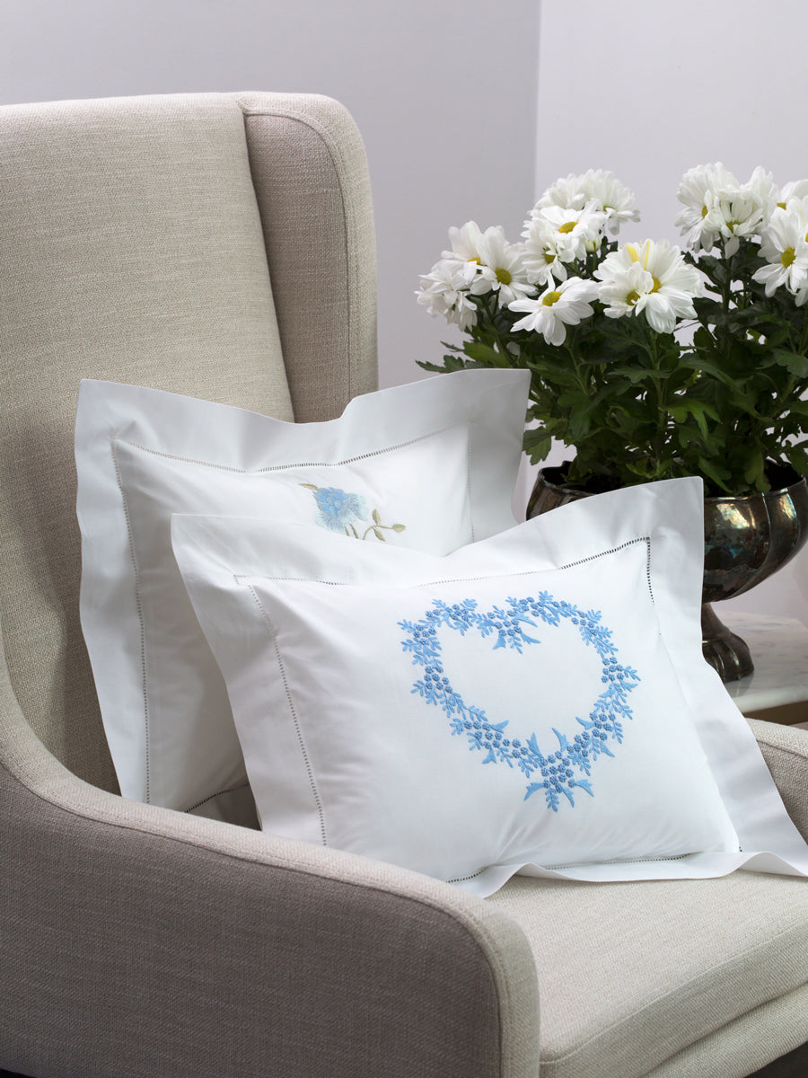 Boudoir Pillow Cover, Embroidered with Hem Stitch Border - Heart (Wedgewood Blue)