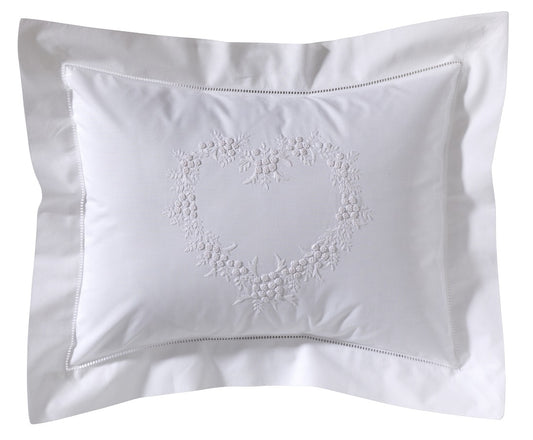 Boudoir Pillow Cover, Embroidered with Hem Stitch Border - Heart (White)