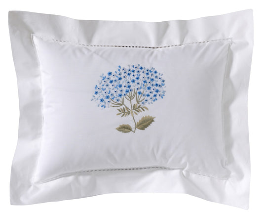 Boudoir Pillow Cover, Embroidered with Hem Stitch Border - Hydrangea (Blue/Sage)