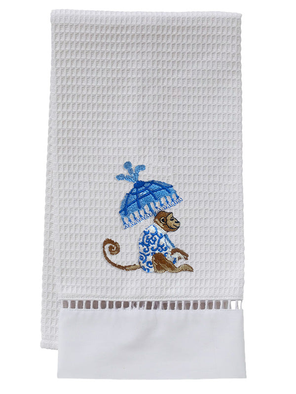 Guest Towel, Waffle Weave, Monkey & Umbrella (Blue)