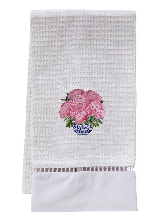 Guest Towel, Waffle Weave, Pot of Peonies (Pink)