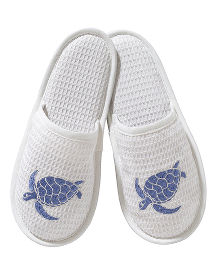 Slippers, Waffle Weave, Swimming Turtle (Blue)