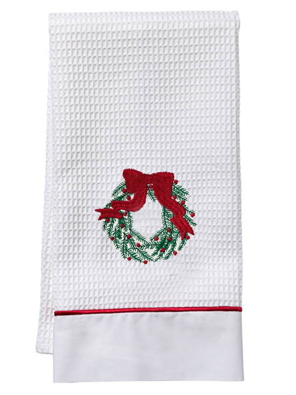 Guest Towel, Waffle Weave and Satin Trim, Christmas Wreath (Green, Red)
