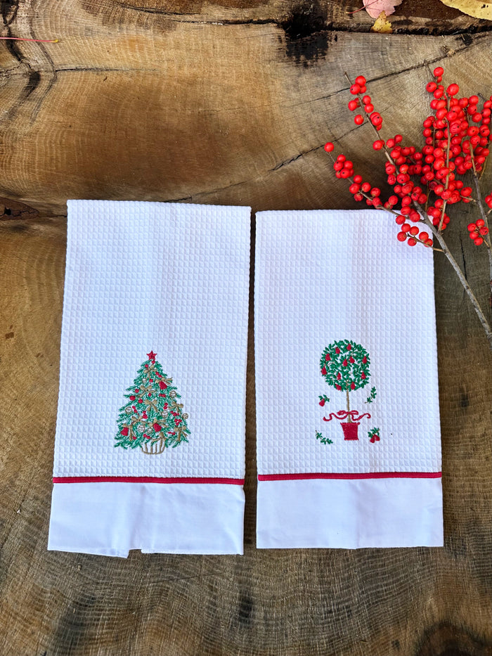 Guest Towel, Waffle Weave and Satin Trim, Christmas Tree