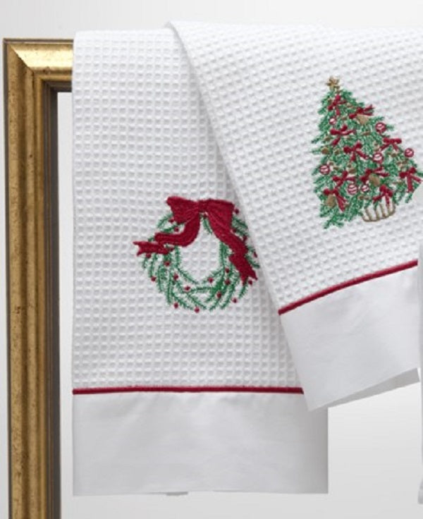 Guest Towel, Waffle Weave and Satin Trim, Christmas Tree
