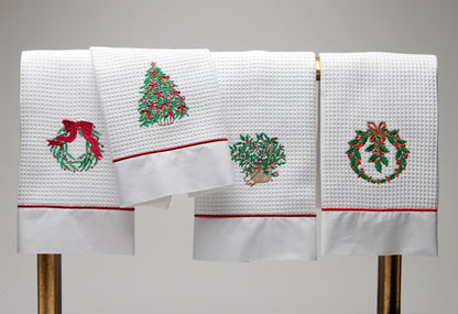 Guest Towel, Waffle Weave and Satin Trim, Christmas Tree