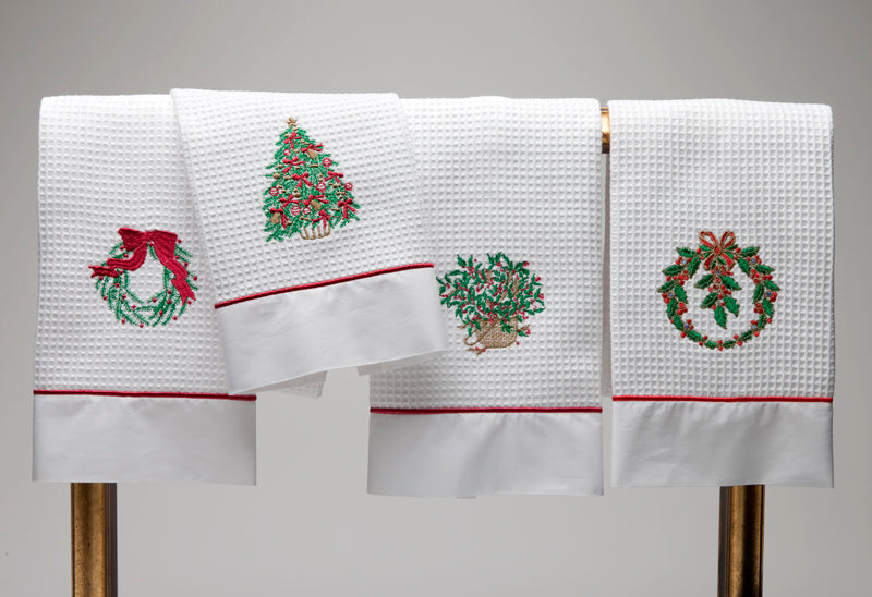 Guest Towel, Waffle Weave and Satin Trim, Christmas Tree