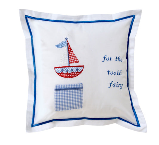 Tooth Fairy Pillow Cover, Cross Stitch Sailboat (Red-Blue)
