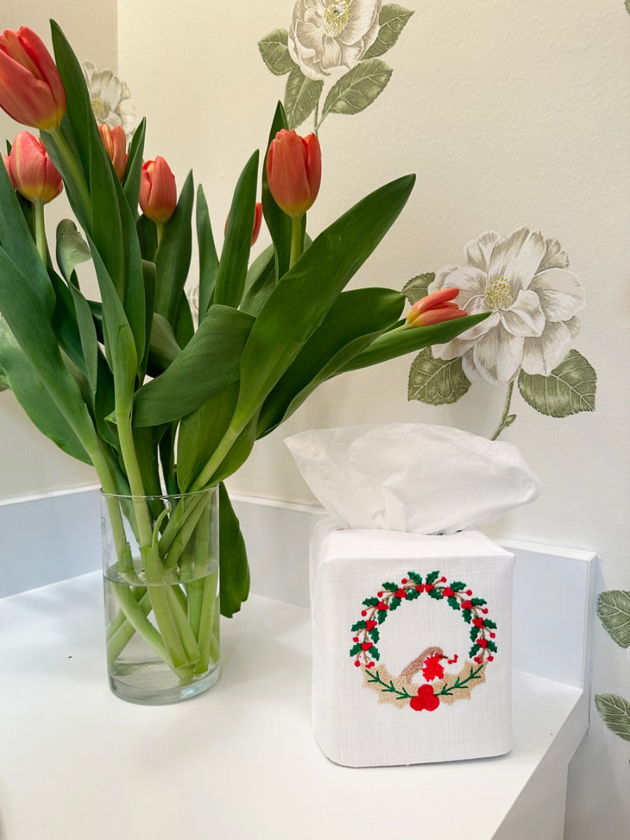 Tissue Box Cover, Christmas Robin Wreath