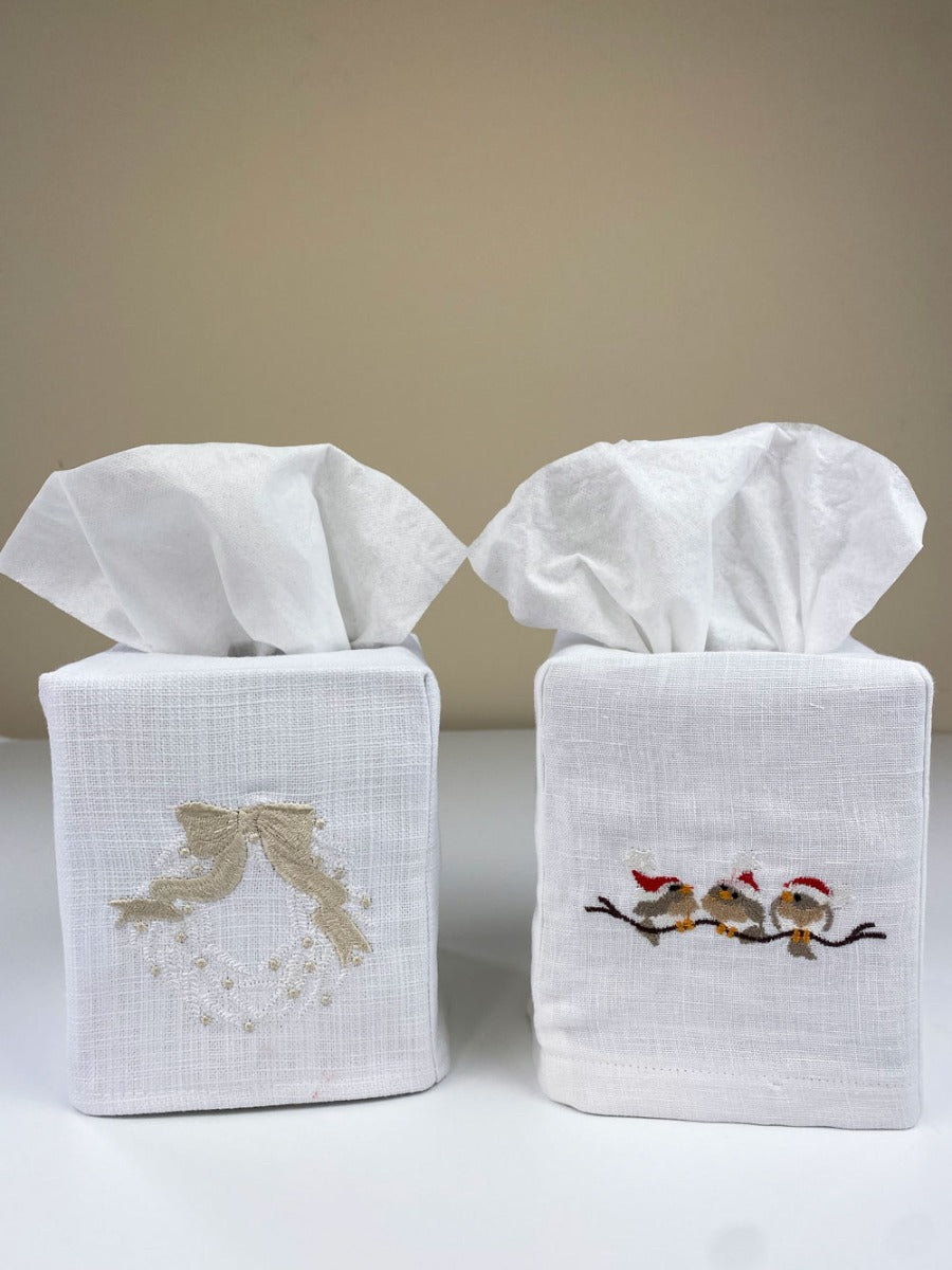 Tissue Box Cover, Linen Cotton - Christmas Wreath (Cream)