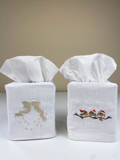 Tissue Box Cover, Linen Cotton - Christmas Wreath (Cream)
