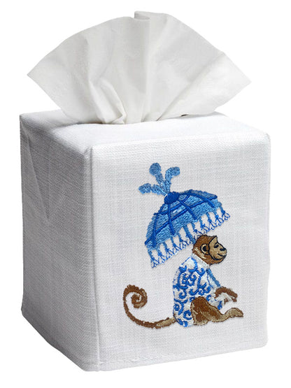 Tissue Box Cover, Monkey and Umbrella (Blue)