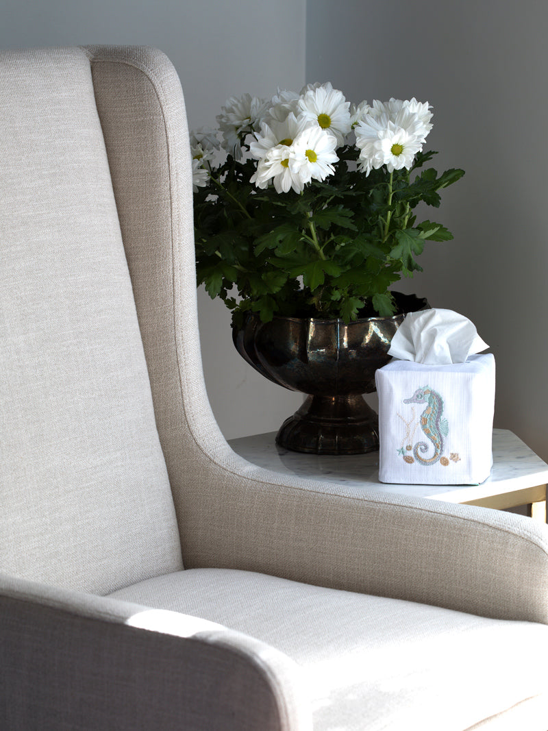 Tissue Box Cover, Seahorse & Shells (Duck Egg Blue)