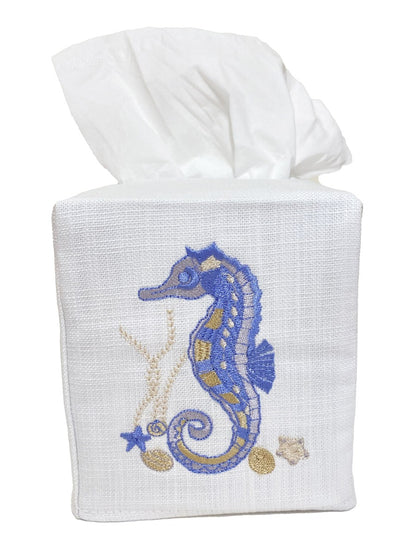 Tissue Box Cover, Seahorse & Shells (Blue)