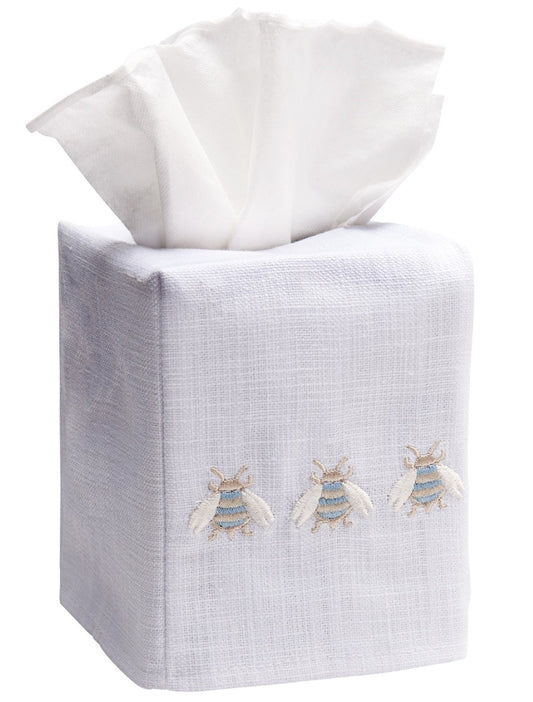 Tissue Box Cover, Linen Cotton - Three Napoleon Bees (Duck Egg Blue)