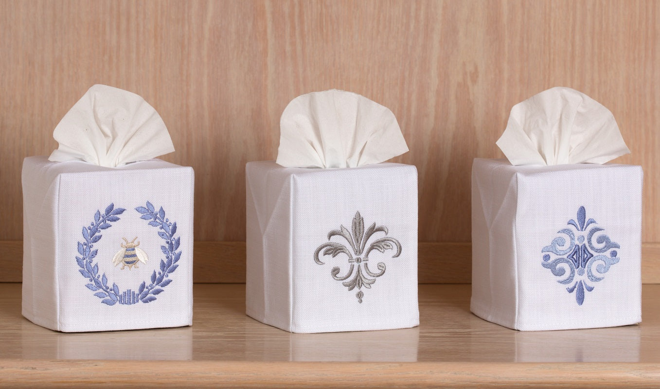 Tissue Box Cover, Linen Cotton - Napoleon Bee Wreath (Blue)