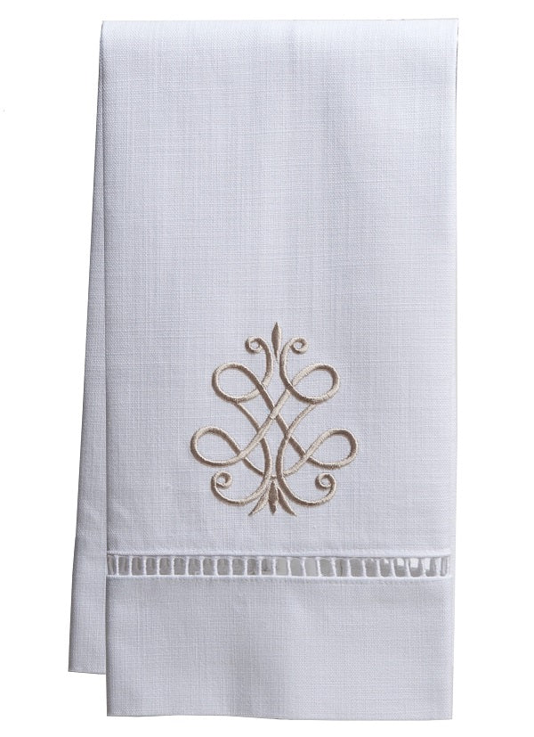 Guest Towel, White Linen/Cotton & Ladder Lace, French Scroll (Beige)