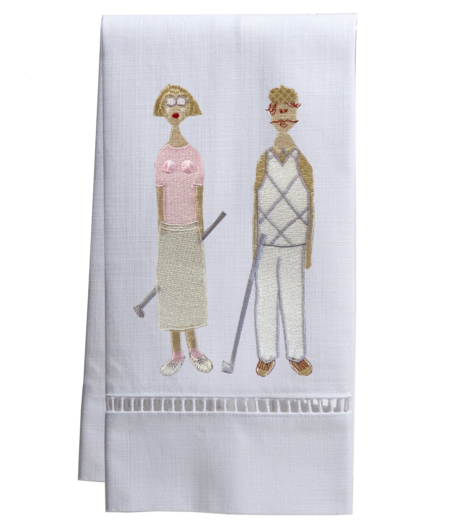 Guest Towel, White Linen/Cotton, Ladder Lace, Golf Couple (Beige Shirt)
