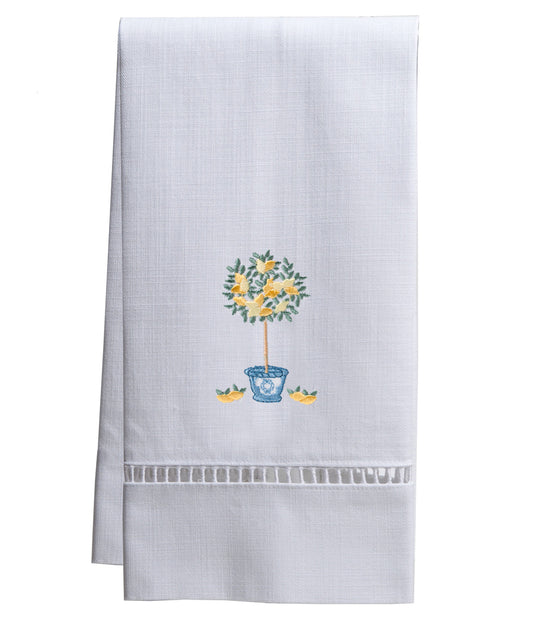 Guest Towel, White Linen/Cotton & Ladder Lace, Lemon Topiary Tree
