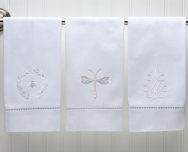 Guest Towel, White Linen/Cotton & Ladder Lace, Twilight Dragonfly (Beige)