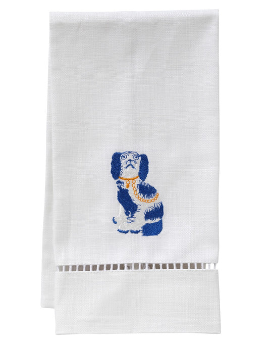 Guest Towel, White Linen/Cotton & Ladder Lace, Staffordshire Dog (Blue)