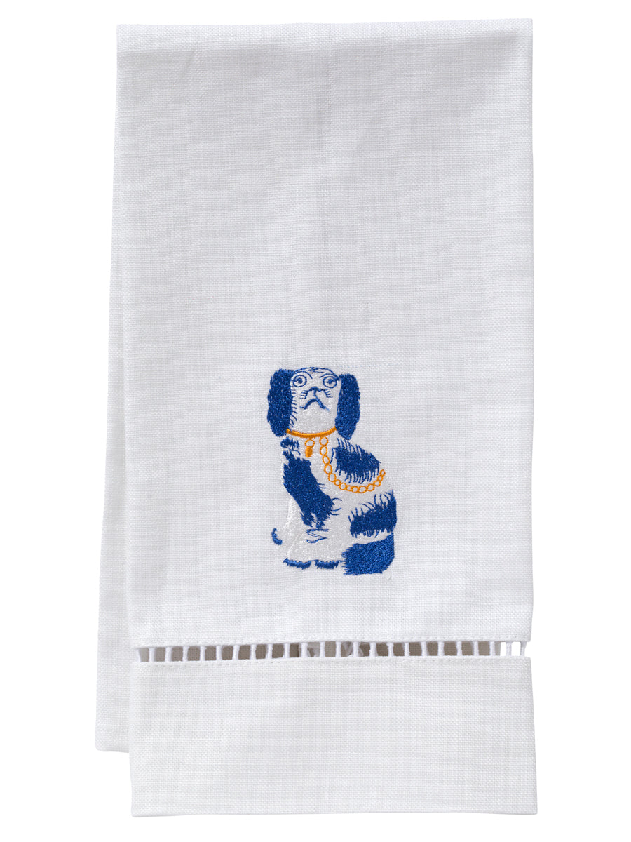 Guest Towel, White Linen/Cotton & Ladder Lace, Staffordshire Dog (Blue)