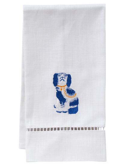 Guest Towel, White Linen/Cotton & Ladder Lace, Staffordshire Dog (Blue)