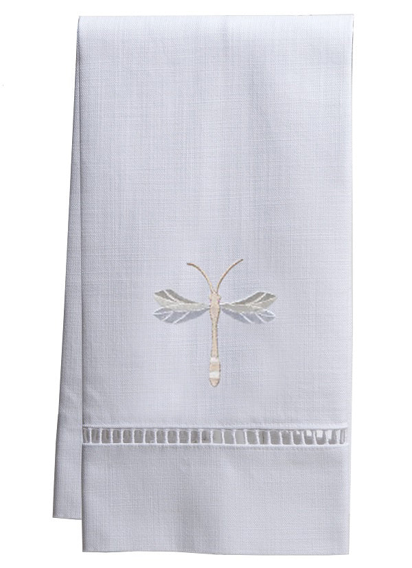 Guest Towel, White Linen/Cotton & Ladder Lace, Twilight Dragonfly (Beige)