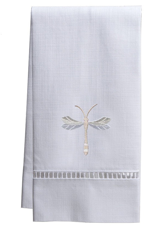 Guest Towel, White Linen/Cotton & Ladder Lace, Twilight Dragonfly (Beige)