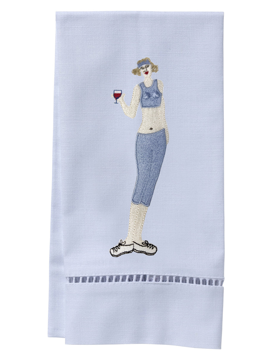Guest Towel, White Linen/Cotton, Ladder Lace, Wine Workout Girl (Blue)