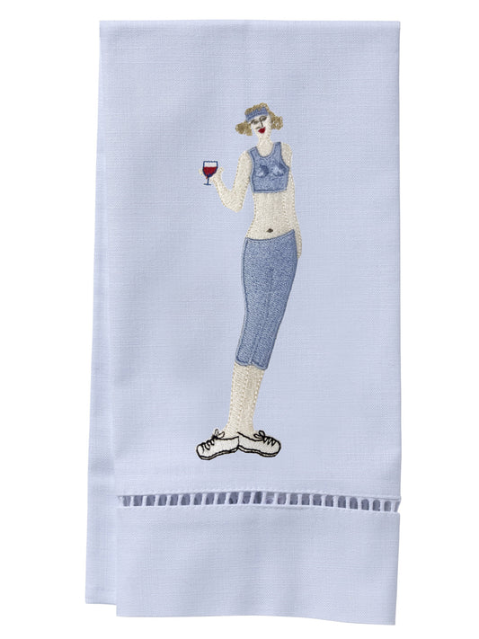 Guest Towel, White Linen/Cotton, Ladder Lace, Wine Workout Girl (Blue)